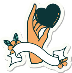 tattoo sticker with banner of a hand holding a heart