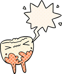 cartoon bad tooth and speech bubble in comic book style