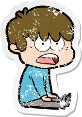 distressed sticker of a worried cartoon boy