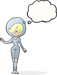 cartoon space woman with thought bubble