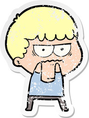 distressed sticker of a cartoon annoyed man