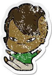 distressed sticker of a cute cartoon girl with hipster haircut