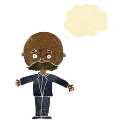 cartoon bald man with open arms with thought bubble