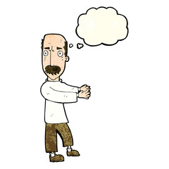 cartoon balding man explaining with thought bubble