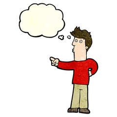 cartoon curious man pointing with thought bubble