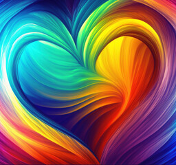 Rainbow colorful heart, LGBT rainbow heart with lines, liquid movement, abstract, glowing rainbow colors. Generative AI.