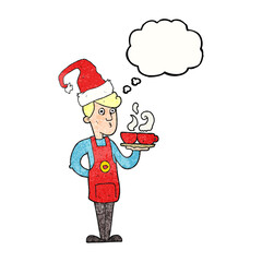 thought bubble textured cartoon barista serving coffee at christmas