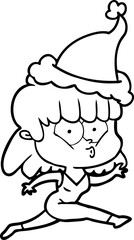 line drawing of a woman running wearing santa hat