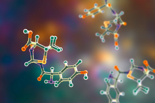 Molecular model of amoxicillin antibiotic, 3d illustration