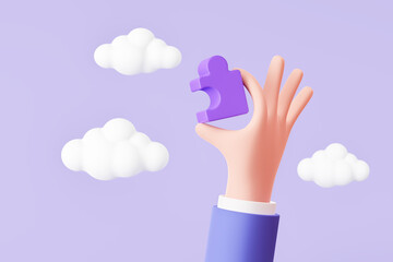 3D Cartoon hands connecting. Hand hold puzzle pieces. Purple blue color jigsaw. Connecting jigsaw puzzle. Symbol of teamwork, cooperation, partnership. Problem-solving. business concept. 3d rendering