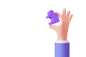 3D Cartoon hands connecting. Hand hold puzzle pieces. Purple blue color jigsaw. Connecting jigsaw puzzle. Symbol of teamwork, cooperation, partnership. Problem-solving. business concept. 3d rendering