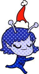 smiling alien girl comic book style illustration of a running wearing santa hat
