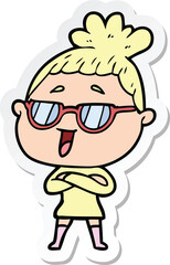sticker of a cartoon happy woman wearing spectacles