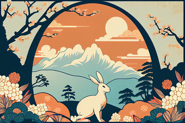 Easter background ukiyo-e style, Generative AI
