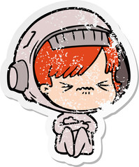 distressed sticker of a angry cartoon space girl
