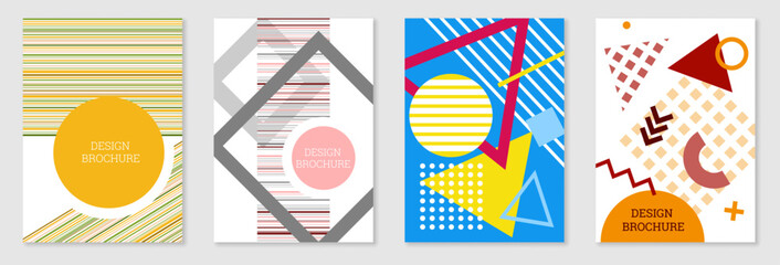 Set of cover design in Memphis style. Geometric design, abstract background. Fashionable bright cover, banner, poster, booklet. Creative colors.