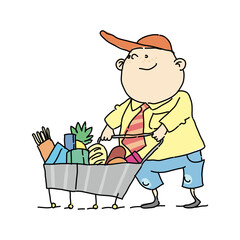 Smiling man with shopping cart filled with goods