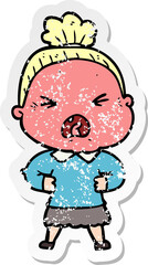 distressed sticker of a cartoon angry old woman