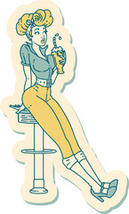 tattoo style sticker of a pinup girl drinking a milkshake