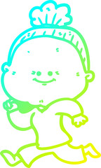 cold gradient line drawing cartoon happy old woman