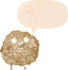 cartoon rock character and speech bubble in retro textured style