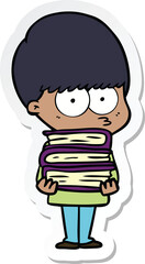 sticker of a nervous cartoon boy carrying books