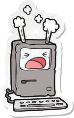 sticker of a cartoon overheating computer