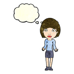 cartoon woman shrugging shoulders with thought bubble