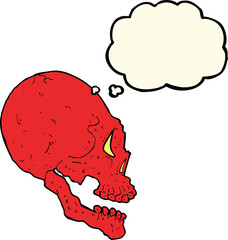 red skull illustration with thought bubble