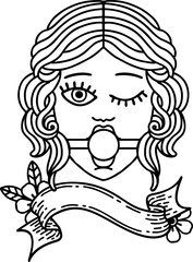 black linework tattoo with banner of winking female face with ball gag