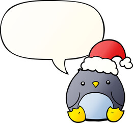 cute cartoon penguin wearing christmas hat and speech bubble in smooth gradient style