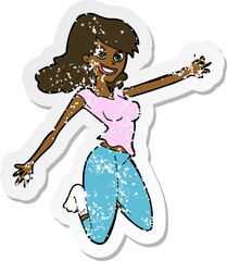 retro distressed sticker of a cartoon jumping woman