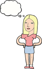 cartoon woman with hands on hips with thought bubble