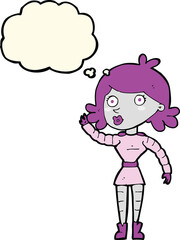 cartoon robot woman waving with thought bubble
