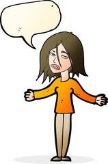 cartoon woman shrugging shoulders with speech bubble