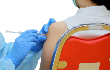 Close-up and selective focus of doctor hands who is vaccinating on upper arm of young woman for build immunity,  cutout object