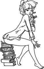 black line tattoo of a pinup girl sitting on books