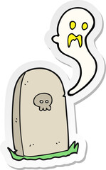 sticker of a cartoon ghost rising from grave