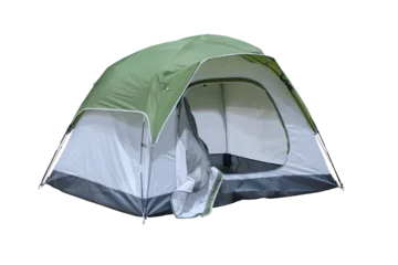 Poster Im Rahmen Object cutout open medium size tourist tent for camping on travel outdoor © chiradech