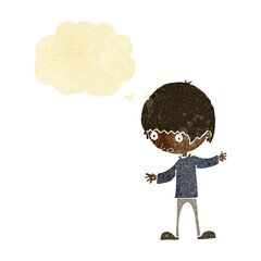 cartoon boy with outstretched arms with thought bubble
