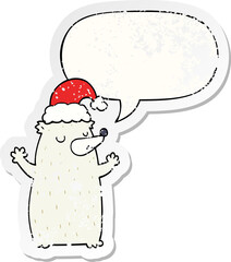 cute cartoon christmas bear and speech bubble distressed sticker