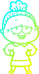 cold gradient line drawing cartoon happy old lady