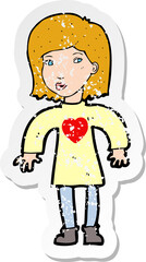 retro distressed sticker of a cartoon woman wearing heart shirt