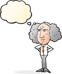 cartoon big hair lecturer man with thought bubble