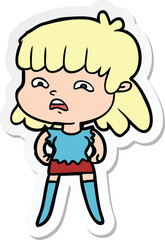 Fototapeta na wymiar sticker of a cartoon worried woman