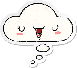 cute happy face cartoon and thought bubble as a distressed worn sticker