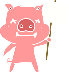 angry flat color style cartoon pig protesting