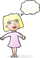 cartoon happy woman in dress with thought bubble