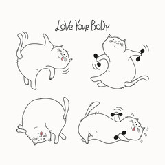 Body positive . Cartoon Cats Set,  lettering. Fat happy cats doing gymnastics. Cat with dumbbells, in yoga pose.  Doodle. Vector illustration. Background isolated.