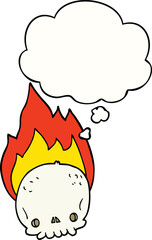 spooky cartoon flaming skull and thought bubble